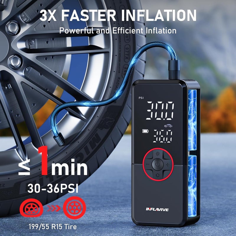 InflaVive Tire Inflator Portable Air Compressor,150PSI Faster Inflation Cordless Tire Air Pump with Digital Gauge,Auto Shut-Off,LED Light,Electric Air Pump for Car Tires,SUV, Motorcycle, Bike, Balls - Image 3